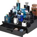 Perfume Organizer for Men, 4 Tier Wood Perfume Display Stand with Velvet Lining Drawer and Hidden Compartment for Watch,Jewelry,Perfume Display Risers,A Gift for Men (Black)