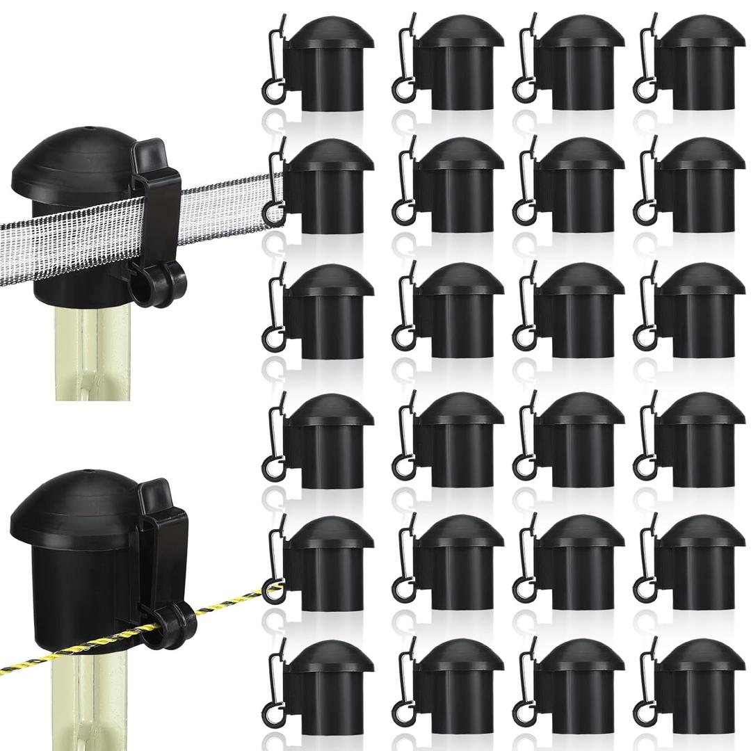 DoubleFill 24 Pcs Electric Fence Insulators and T Post Safety Cap, T Post Safety Topper Black Plastic Insulators for Wood Posts Wire Holding Fencing Garden Farm Highway Sport Fences Supplies (Black)