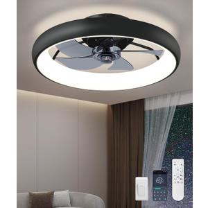 Ultra Low Profile Ceiling Fans with Lights and Remote Ultra Quiet 25 dB, 21" Modern Flush Mount LED Ceiling Fan Fandelier Ceiling Fan for Bedroom Kitchen (Matte Black)
