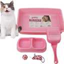 PAWISE Small Cat Litter Box, Kitten Litter Box Starter Kit, Low Entry Baby Kitten Training Litter Box with Scoop, Bowls, Cat Mouse Toy and Cat Ball Toy, First Catty Owner Essentials(Pink)