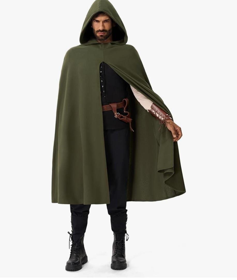 Spooktacular Creations Halloween Renaissance Cloak Costume Men, Green Medieval Hooded Cape Vintage Capelet for Themed Parties L/XL