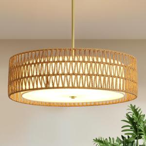 Rattan Chandelier Chandeliers for Dining Room, Boho Chandelier with Fabric Shade, Coastal Hand Woven Pendant Light Fixture for Kitchen Island Entryway Foyer Living Room Bedroom UL Listed