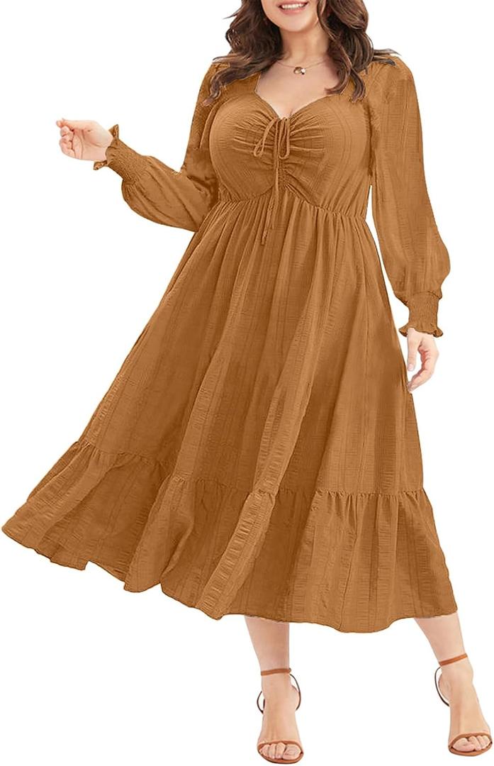 Eytino Plus Size Dress for Women Sweetheart Neck Long Sleeve Ruffle Long Maxi Dresses,2X Khaki