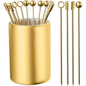 12Pack Metal Cocktail Picks + Holder Kit, Premium 304 Stainless Steel Cocktail Toothpicks,Reusable Skewers,Garnish Picks, Martini Picks for Olives Appetizers Fruit (4 Styles Golden)