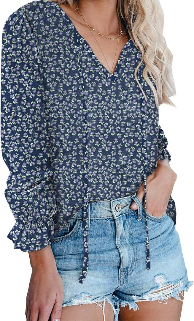 Dokotoo Women's Casual Boho Floral Printed V Neck Tops Drawstring Short Long Sleeve T Shirt Blouses (S)
