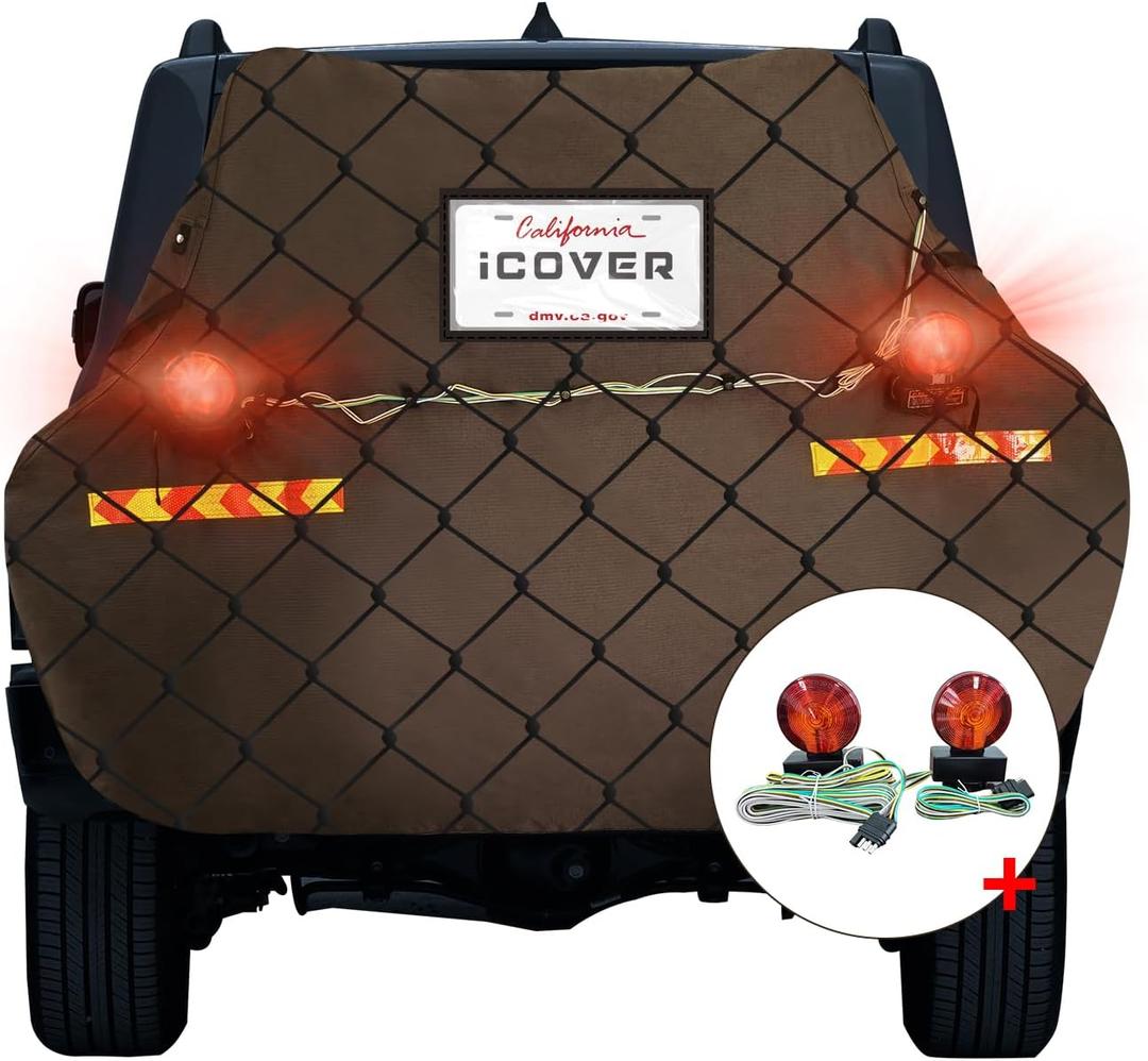 iCOVER Bike Cover for 3 Bikes transport on Hitch Rack, with Tail Lights & License Plate Pocket, 600D Heavy Duty Waterproof bicycle E-Bike Cover for transportation, Incl Towing Light & Cargo Net, Brown