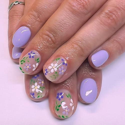 Purple Press on Nails Short Oval Fake Nails Glossy False Nails With Purple White Flowers Designs Full Cover Stick on Nails Reusable Floral Artificial Nails Glue on Nails for Women 24Pcs