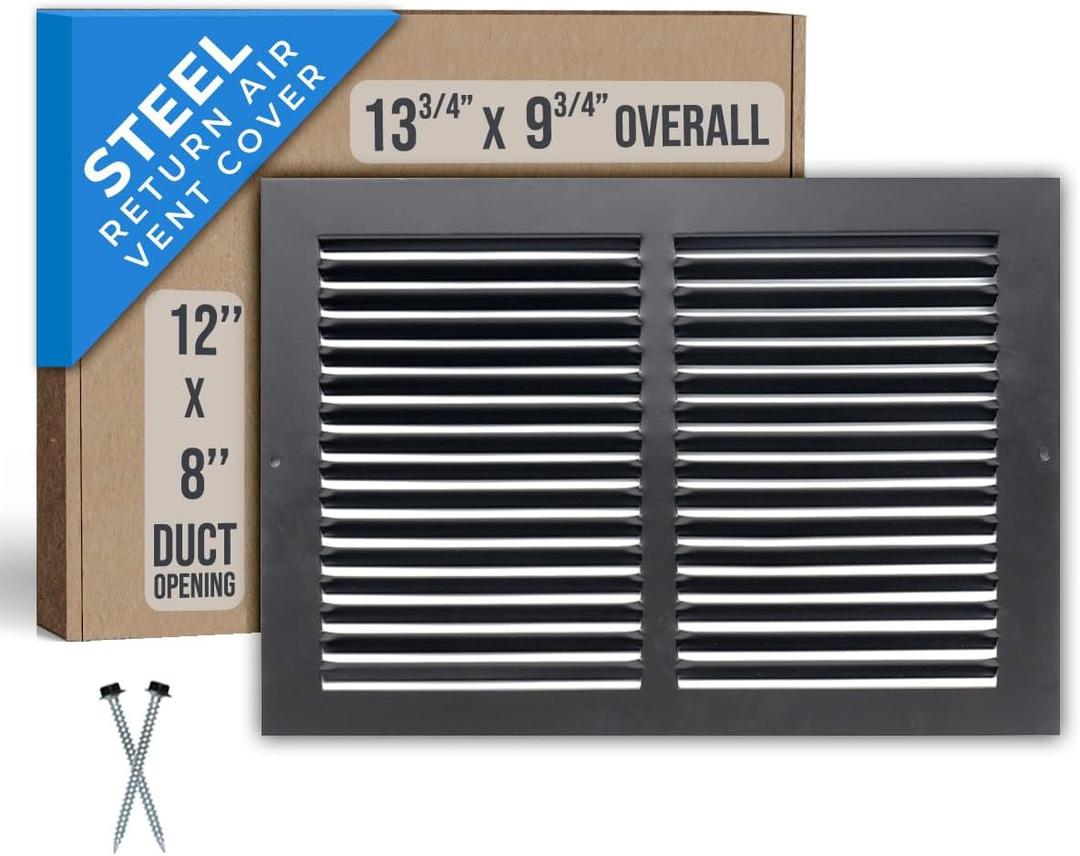 Fits 12x8 Duct Opening | Steel Return Air Grille by Handua | Vent Cover Grill for Sidewall and Ceiling | Black | HVAC Cold Air Intake Grille | Outer Dimensions: 13.75"W X 9.75"