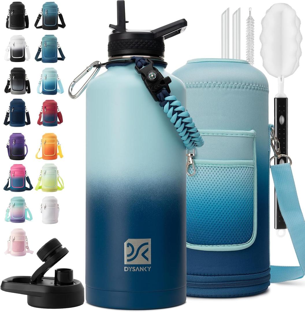 Insulated Water Bottle | Thickened Stainless Steel for Gym and Hiking with Straw, Carrier Bag, Handle Strap | BPA-Free 87 oz (Gradient Blue)
