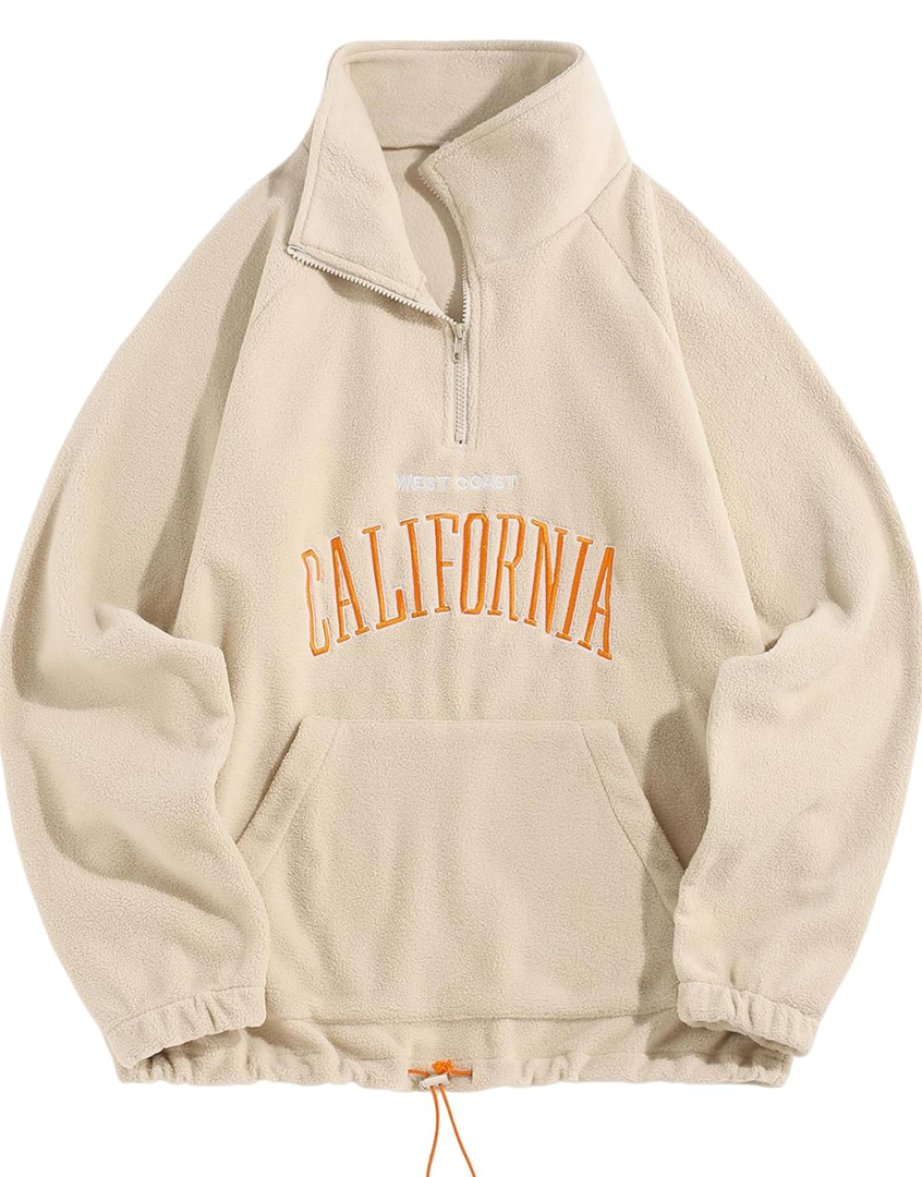 ZAFUL Men's Letters Embroidered Raglan Sleeve Quarter Zip Fleece Vintage Pullover Sweatshirt, L