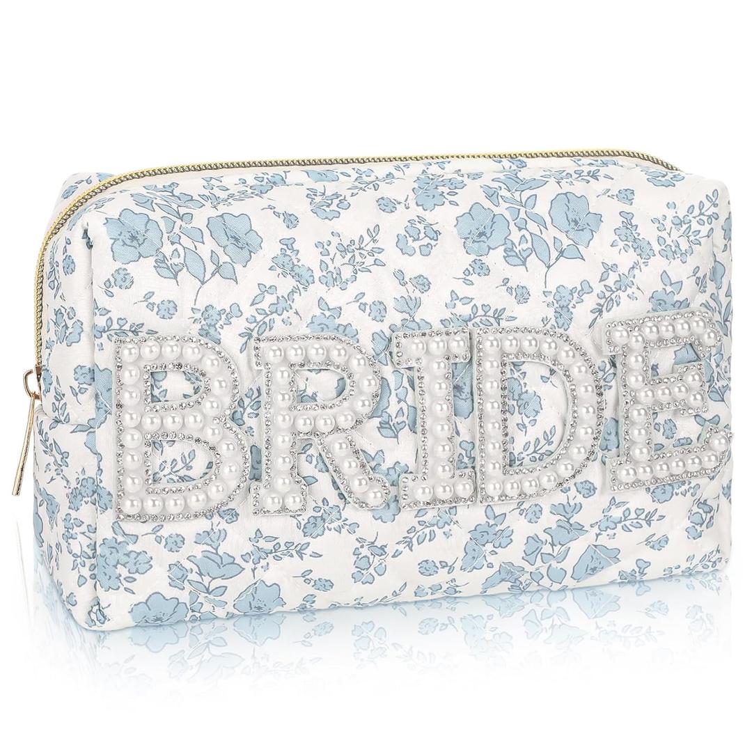 Large Quilted Cotton Bride Patch Letter Floral Makeup Bag for Women Bridesmaid Engagement Gift for Her Makeup Bag Pouch for Purse Bridal Shower Gifts for Engagement Wedding(Bride)