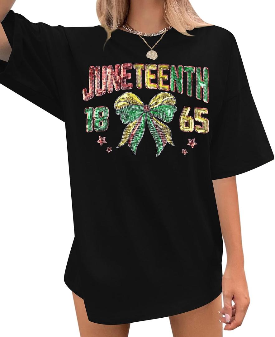 KIDDAD Juneteenth Shirts Women Oversized Sequin Black History T Shirts 1865 Juneteenth Shirt Afro American Freedom Tee (Black, M)