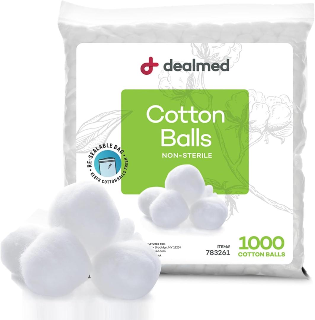 Dealmed 1000 ct. Cotton Balls for Face, Makeup, Medical Uses, & DIY Crafts | Non-Sterile Bulk Pack | Resealable Zip-Locked Bag | 100% Pure Cotton, Soft, Absorbent, Gentle (Pack of 1)