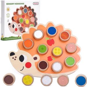 PREXTEX Sensory Hedgehog Toys for Toddlers - Montessori Color Sorting Toys - Includes 1 Wooden Board and 10 Colored Sensory Blocks - for Ages 12 Months and Up - Educational Toy - 1.5x12.9x10.7 in