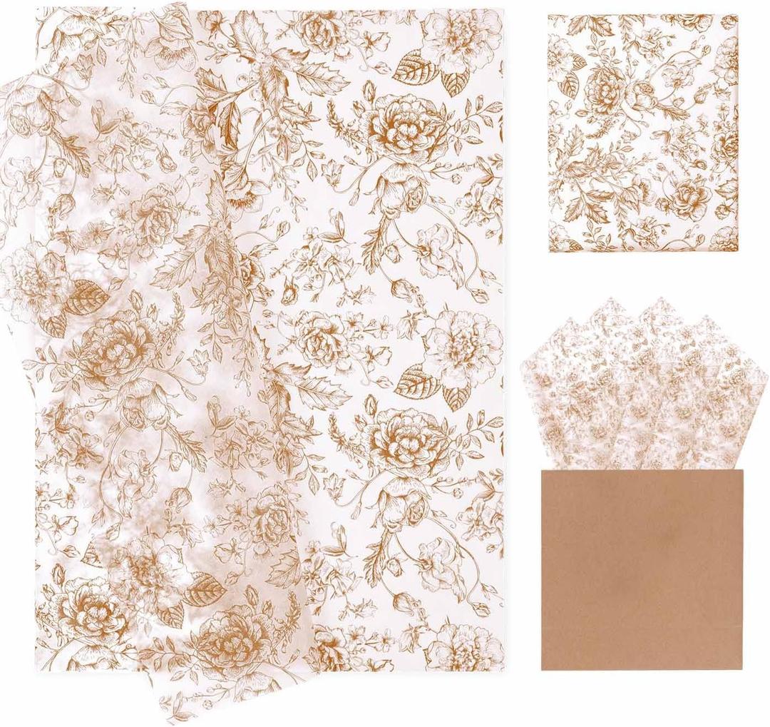 MUNILAIL 100 Sheets Brown Floral Tissue Paper 14 x 20 Inches Flower Tissue Paper for Gift Bags Vintage Floral Gift Paper Tissue for Birthday Gift Packing Crafts