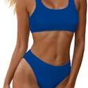 YIMISAN Women's Ribbed Two Piece Bikini Sets Wide Shoulder Strap Top Swimsuit with Mid Waist Cheeky Bathing Suit, Blue, M