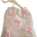 Floerns Women's Bow Crochet Hollow Out Shoulder Tote Bag Cute Casual Knitted Totes Handbags (Beige and Pink)