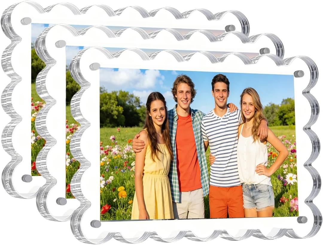 3 Pack Acrylic Picture Frames 4x6 Inch Magnetic Photo Frames, 10+10mm Thick Block, Double Sided Clear Frameless Photo Display, UV Resistant Scalloped Frames Freestanding for Desktop Display