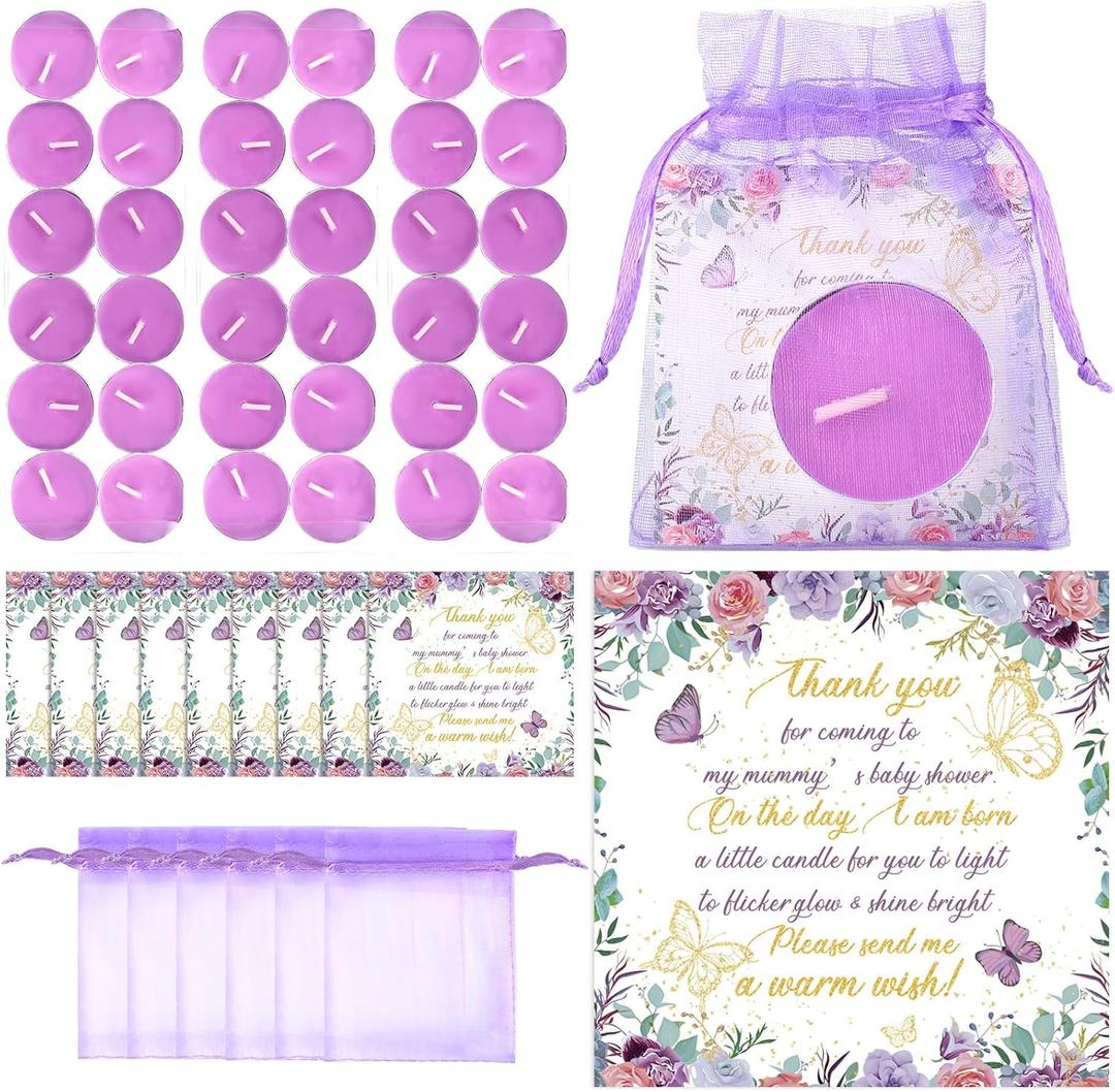 60 Sets Baby Shower Favors for Guests Little Cutie Party Favors 60 Pcs Tea Light Candles with 60 Thank Tags and 60 Return Gift Bags Cutie Baby Shower Decorations for Baby Gender Reveal Party (Purple)