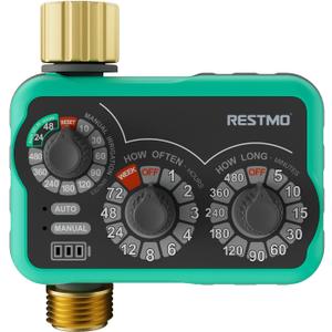 RESTMO 3-Dial Analog Sprinkler Timer with Brass Inlet & Outlet, Mechnical Water Timer for Garden Hose with Manual/Rain Delay, Automatic Drip Irrigation System, 480 Minutes Max Watering, Easy to Set Up