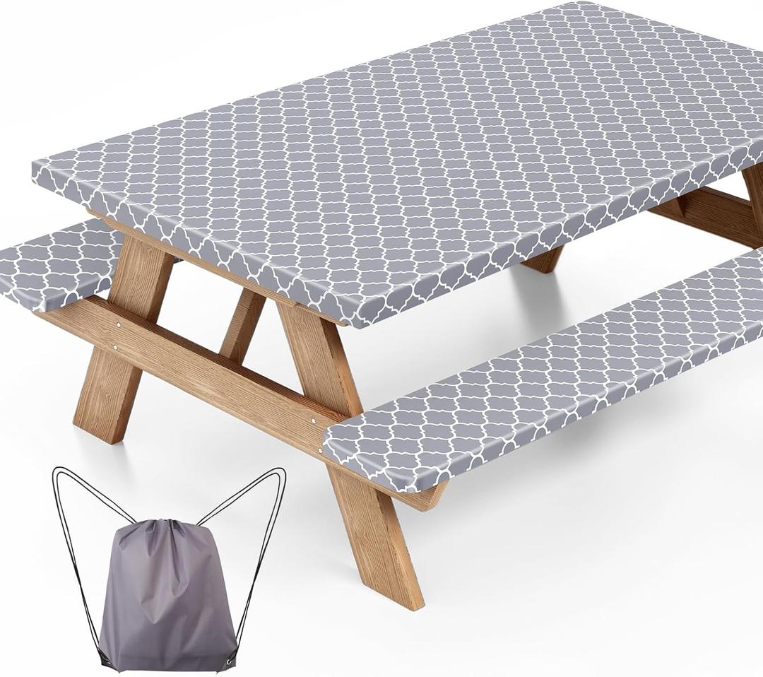 Picnic Table Cover with Bench Covers and Bag, Waterproof Windproof Camping Essentials, Fitted Camping Tablecloths with Elastic Edges for Rectangle Tables and Seats, 72x30 Inches 3 Pcs Set