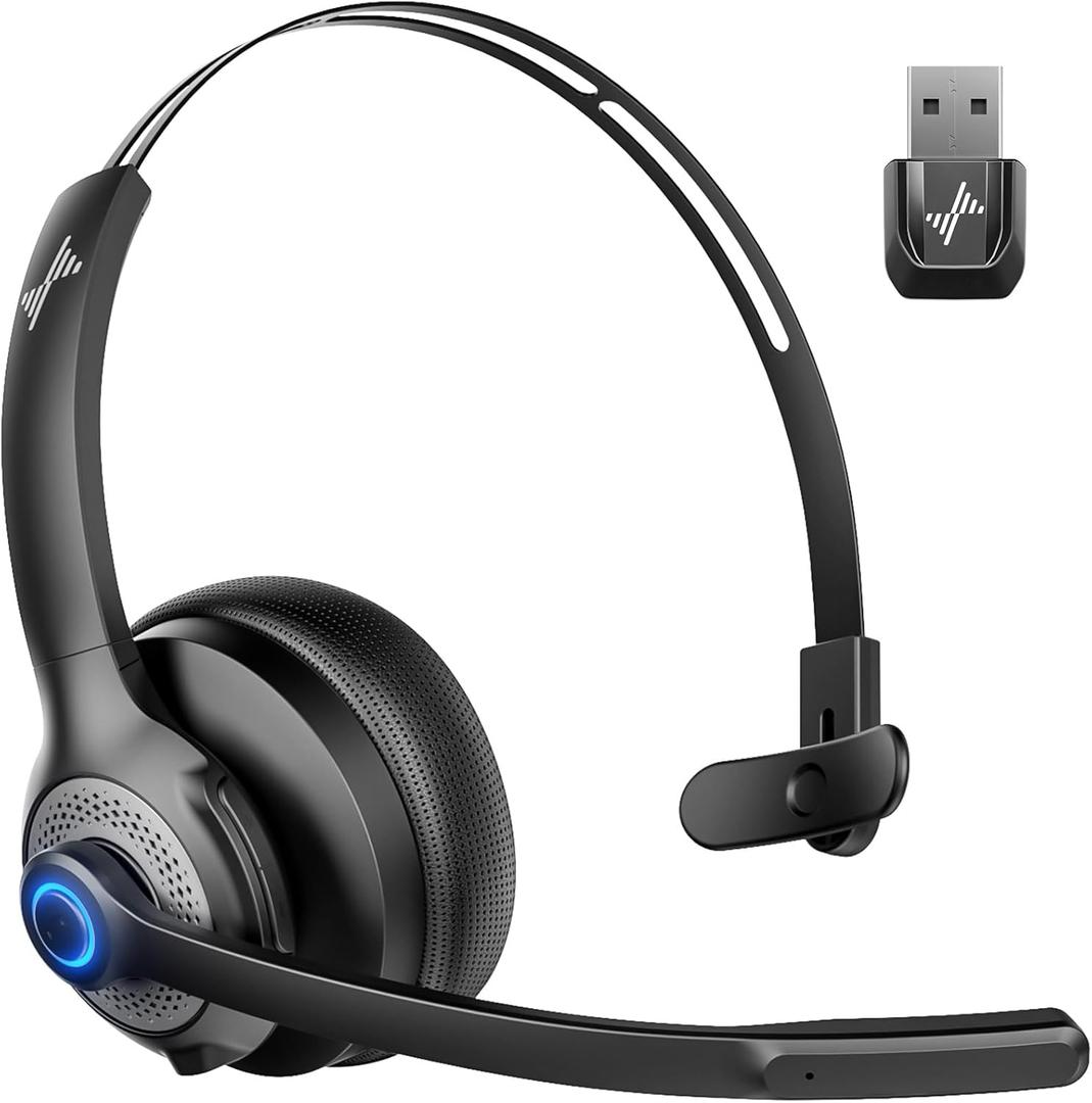 JIAMQISHI Wireless Headset with Microphone - Bluetooth V5.2 Headphones with USB Dongle & Mic Mute for PC/Computer/Laptop/Call Center/Zoom/Online Class/Trucker - Bluetooth Headset, Black, EH06U