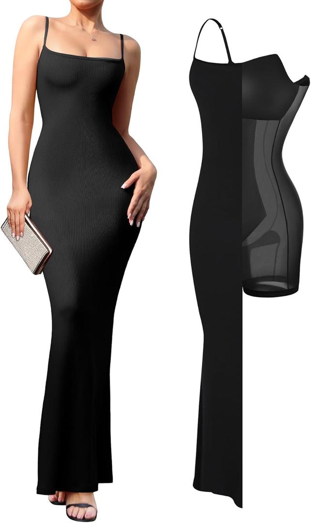 Popilush Summer Maxi Dress for Women - Cocktail Shapewear Dresses Built-in Bra Adjustable Straps Vacation Long Slip (Medium, Black)