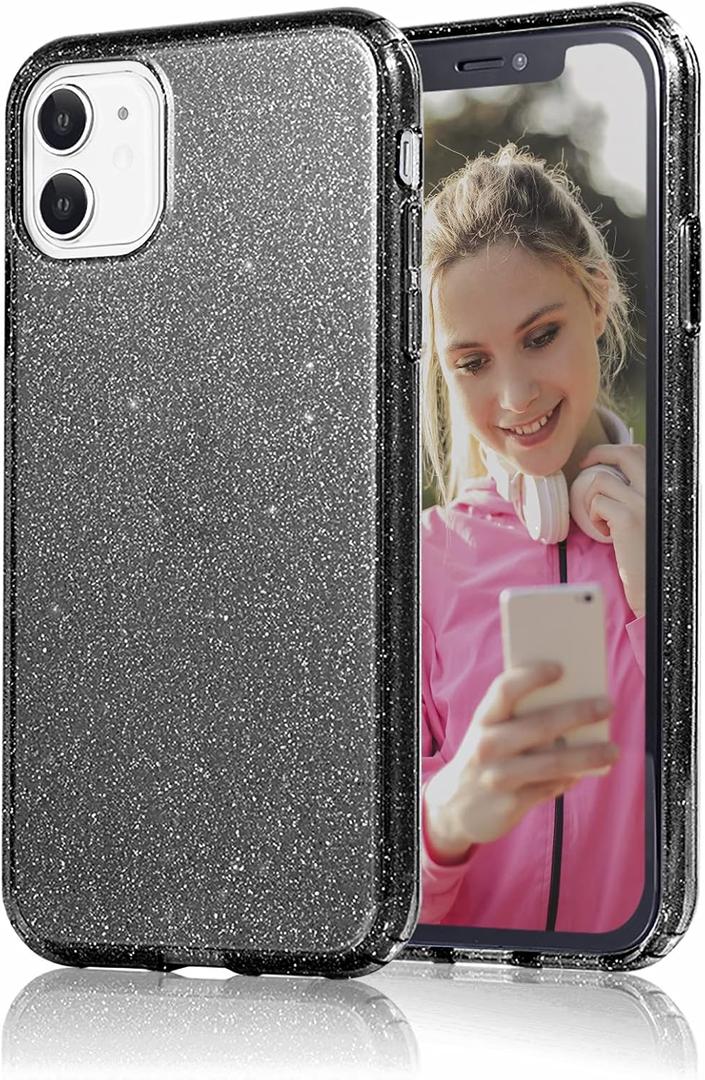 JJGoo Compatible with iPhone 11 Case, Glitter Sparkle Bling Anti-Scratch Shockproof Protective Flexible Phone Cases Cute Slim Thin Cover for Women Girls (6.1 inch) 2019 -Black Glitter