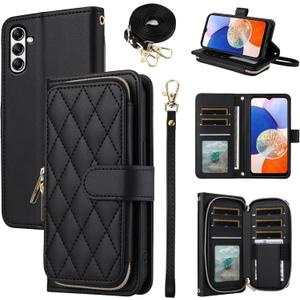 Argyle Wallet Case for Samsung Galaxy A35 5G with Wrist Strap Shoulder Strap, 9+ Card Slots Zipper Purse Luxury PU Leather Stand Checkered Phone Cover for A 35 35A A355G Women Girls Black