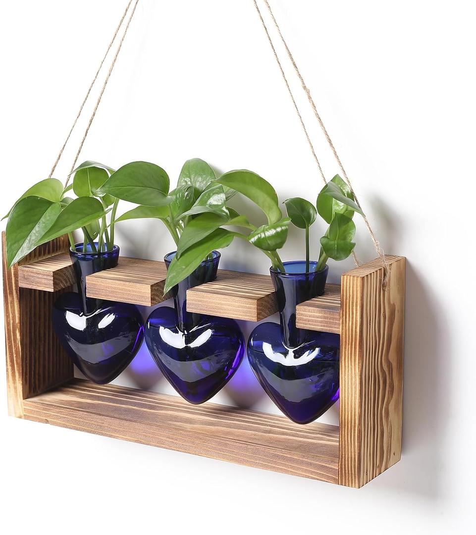 Plant Terrarium Unique Birthday Gift for Women Wall Planters for Indoor Hydroponic Plant Propagation Stations Heart Shaped Glass Vase with Wooden Stand (Blue)