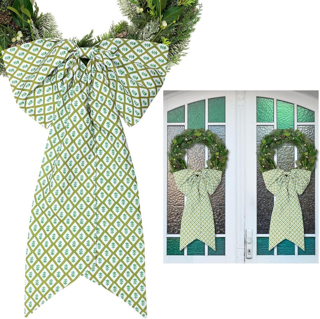 2 Pcs Green Block Print Bow Wreath Sash 24 x 16 Inch Christmas Wreath Sash for Front Door Holiday Floral Burlap Bow Accessories for Doorway Indoor Outdoor Garland Home (Green)