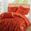 P Pothuiny 5 Pieces Satin Pintuck Duvet Cover Set, Silky Like Burnt Orange Pinch Pleat Duvet Cover King Size Luxury Bedding Set with Corner Ties, 2 Pillow Shams + 2 Pillowcases (No Comforter)