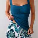 B2prity Women's Tankini Swimsuit Tummy Control Ruched Two Piece Bathing Suit Push Up Modest Swim Suits with Shorts (Small, Peacock Blue)
