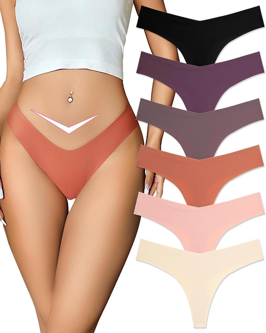 FINETOO Seamless Thongs for Women Sexy No Show Panties Invisible V-waisted Stretch Ladies Underwear 6 Pack