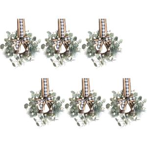 Bibelot 6 Pcs Small Christmas Wreath for Cabinets Kitchen, Mini Christmas Wreath with White Berry Bow Artificial Xmas Decor for Window Front Door Farmhouse Wall