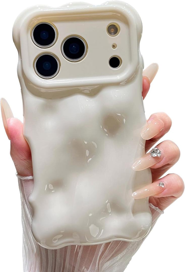 XIZYO for iPhone 17 Pro Case 6.3 Inch Cute Wave Pattern Aesthetic Phone Case 3D Curly Wavy Shape Plating Glitter Bling for Women Girls Soft Bumper Silicone Shockproof Cover, Cream Beige