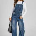 PLNOTME Womens Denim Bib Overalls Barrel Leg Adjustable Strap Jean Pants Jumpsuits with Pockets (Blue, M)