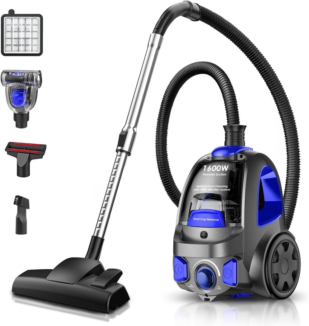 Canister Vacuum Cleaner, 32Kpa 1600W Cyclon Power Bagless Canister Vacuum Cleaners for Home, 3.7QT Large Dust Cup, Lightweight Vac for Hard Floors, Carpets, Pet Hair, Blue