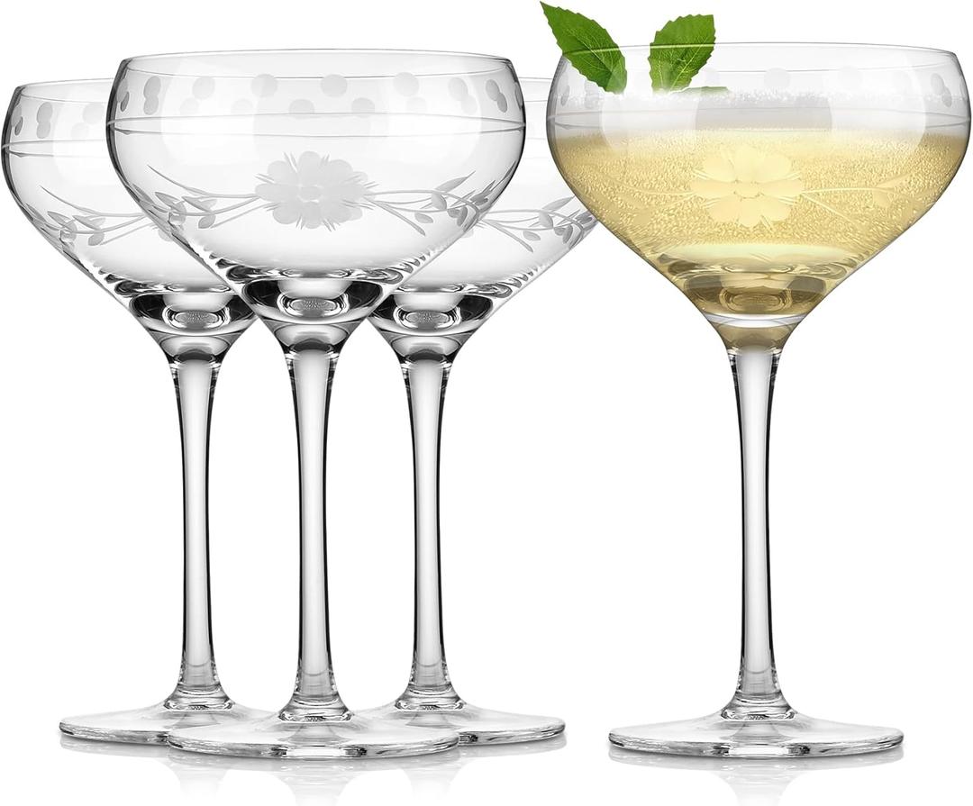Delight Glasses, 10.8 ounces, Set of 4, Unique Vintage Style Glass Set with Decorative Etching, Dishwasher Safe. (Coupe Glasses)