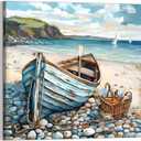 Bathroom Decor Beach Wall Art Ocean Theme Blue Picture Canvas Print Modern Coastal Artwork Framed Hanging Dining Office Living Room  20"L x 20"W