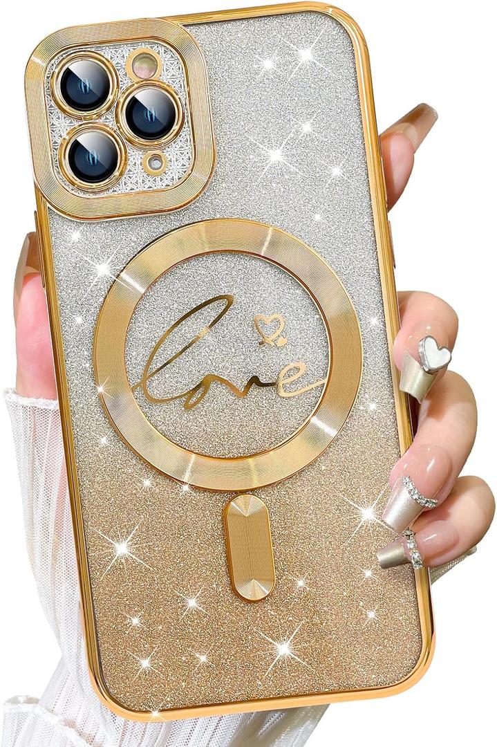 Fiyart Designed for iPhone 11 Pro Case,Compatible with MagSafe Love Heart Plating Camera Protection TPU Magnetic Glitter for Women Girls Shockproof Phone Bumper 5.8"-Gold