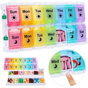 Shintop Am Pm Pill Organizer 7 Day, Push Button Weekly Pill Box 2 Times a Day Easy Fill Pill Holder Day Night Vitamin Case for Medications Fish Oil Supplements (Rainbow)