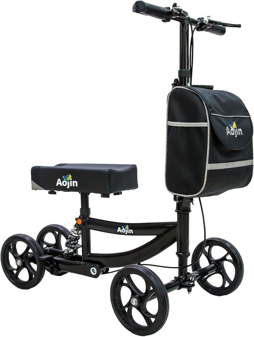 Knee Scooter, 300lbs Capacity, 13" Big PU Seat, All Terrain Foldable Knee Scooter Walker with Bag for Foot Injuries Compact Crutches Alternative (Black) 