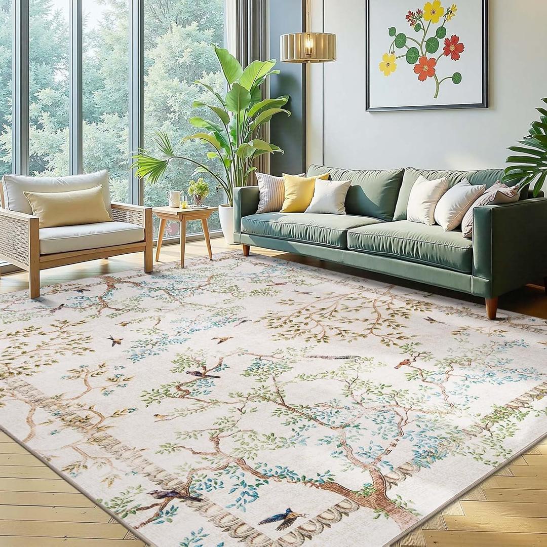jinchan Yarden Botanical Birds 6x9 Ivory Area Rugs for Living Room Washable Non Slip Soft Nature Plants Modern Kids Carpet Vintage Ultra Thin Low Pile Indoor Rug for Bedroom Nursery Playroom