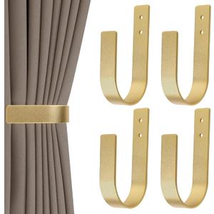 Groleca 4 Pack Modern Curtain Holdbacks Curtain Tiebacks Wall Mount Solid Aluminum U Shaped Curtain Wall Hooks Curtain Pull Backs Curtain Holders Curtain Tie Backs for Curtain (4, Gold)