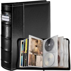 CD DVD Storage Binder, 56 Capacity Leather CD Wallet with Booklet Pockets & Label Slots, Portable Media Disc Organizer for Blu ray, Video Games, Home Collection and Car Travel