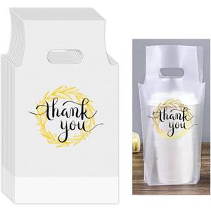 200 Pcs Handle Drinking Poly Bags Single Cup Clear Plastic Packaging Carriers Take Out Delivery for Beverage Coffee Juice Milk Tea Stores 11 X 6.3 Inch