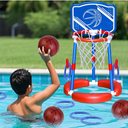 HYES Pool Basketball Hoop Poolside with Backboard, Floating Pool Toys with 4 Basketballs/4 Water Balloons/Pump, Swimming Pool Games for Kids & Adults Indoor Outdoor Play, Red
