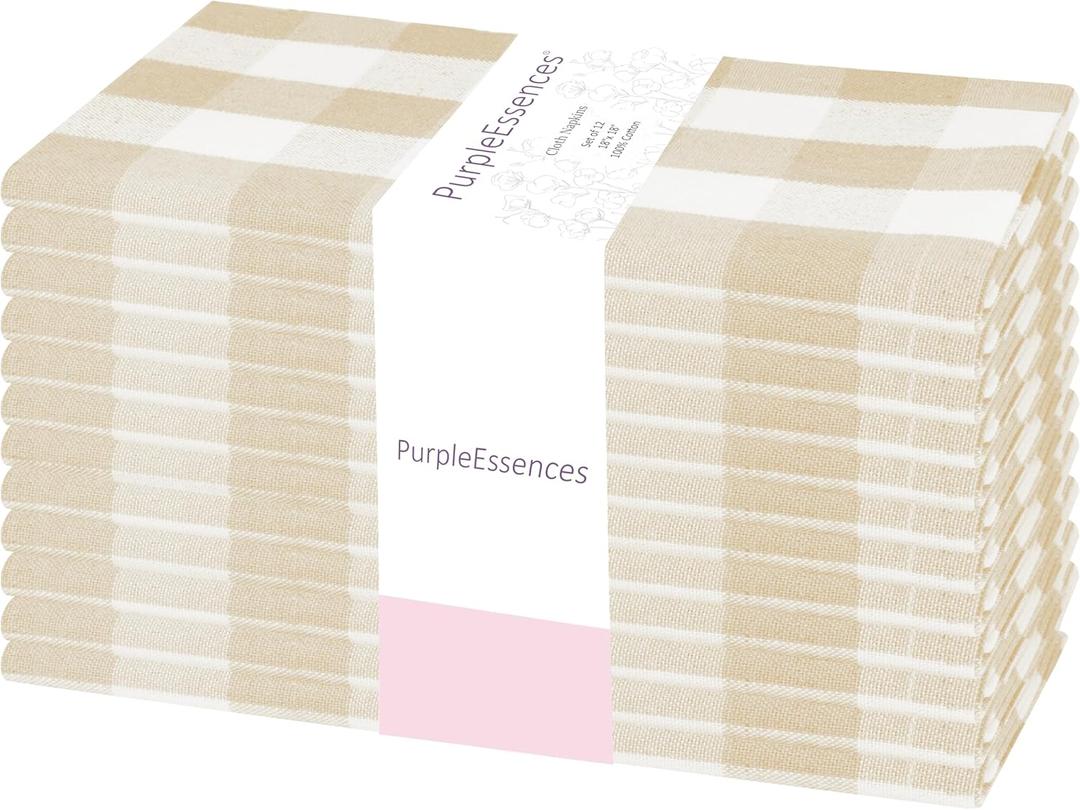 PurpleEssences Buffalo Plaid Cloth Napkins - Mitered Corners - Spring Easter Summer - Gingham Check Dinner Napkin - Set of 12-100% Cotton - 18x18 Inch - Reusable Washable - Beige and White