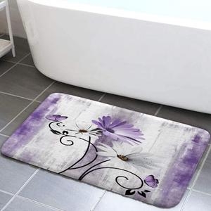 Rustic Farmhouse Bath Mat, Farm Purple Daisy Floral Flowers Butterfly Country Wooden Bath Rug for Bathroom, Grey White Bath Mat Soft Non Slip Bath Rugs, 19X31IN (1'7" x 2'7" (Rectangular))